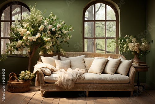 Cozy southern mediterranean interior design of a small living-room: green wall, beige colored couch with rattan details and off-white pillows, wooden cabinets, many white flowers decorating the space photo