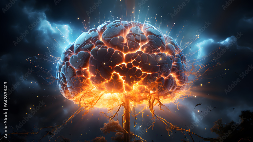 Human brain digital illustration. Electrical activity, flashes and lightning - obrazy, fototapety, plakaty 