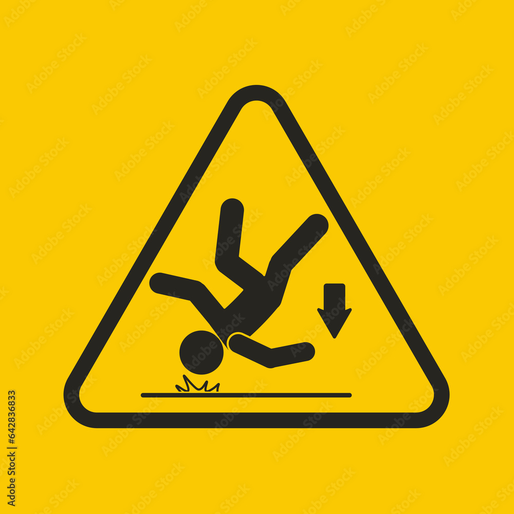 Isolated illustration of yellow triangle man falling from high surface, with head injury, for height fall risk safety danger sign Isolated illustration of yellow triangle man falling from high surface, with head injury, for height fall risk safety danger sign