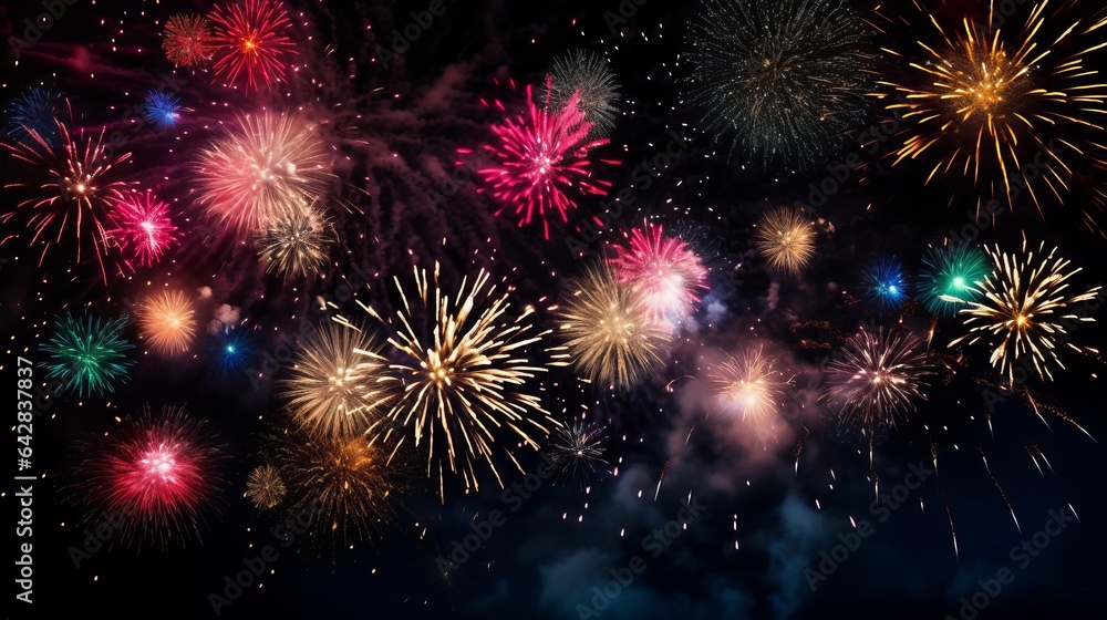 Beautiful, vibrant fireworks are seen exploding from below against a backdrop of the night sky.
