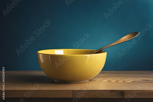 yellow bowl and spoon on table