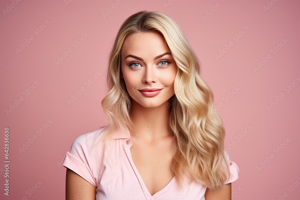 a studio portrait of a young blond woman wearing white shirt on seamless pink background, copy space for text a studio portrait of a young blond woman wearing white shirt on seamless pink background, copy space for text