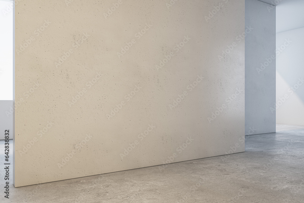 Clean concrete gallery interior with mock up place on walls and white windows. Museum room concept. 3D Rendering. - obrazy, fototapety, plakaty 