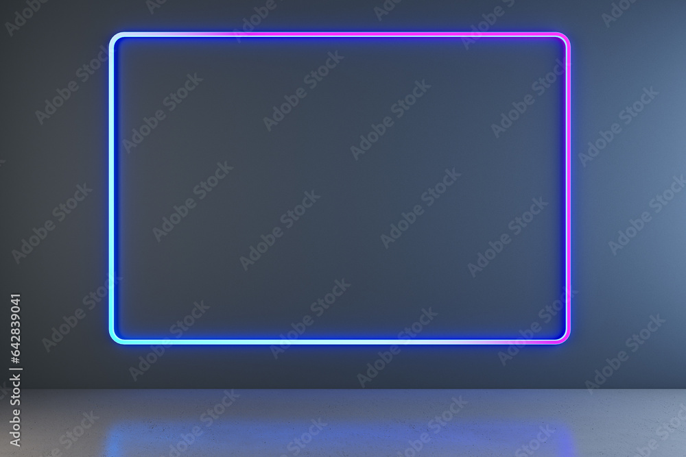 Creative dark neon blue gallery interior with mock up frames on concrete wall. Future concept. 3D Rendering. Creative dark neon blue gallery interior with mock up frames on concrete wall. Future concept. 3D Rendering.
