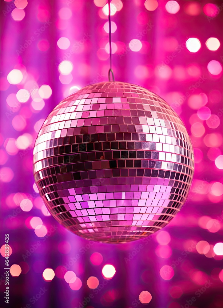 Fototapeta premium a disco ball hanging from the ceiling with pink lights in the background stock photo - premium royalty free subscription