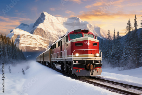 A painting of a train on a train track. A modern freight locomotive moves through a snow-covered forest in the mountains in winter on railway rails. Transportation of goods by rail.
