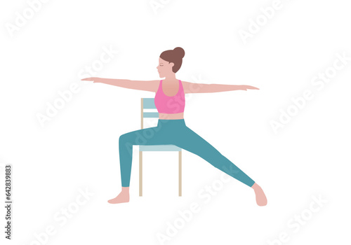 Yoga Exercises that can be done at home using a sturdy chair.
Sit tall at the edge of your seat. Bend your right knee to the side and stretch your left leg out behind. with Warrior posture.