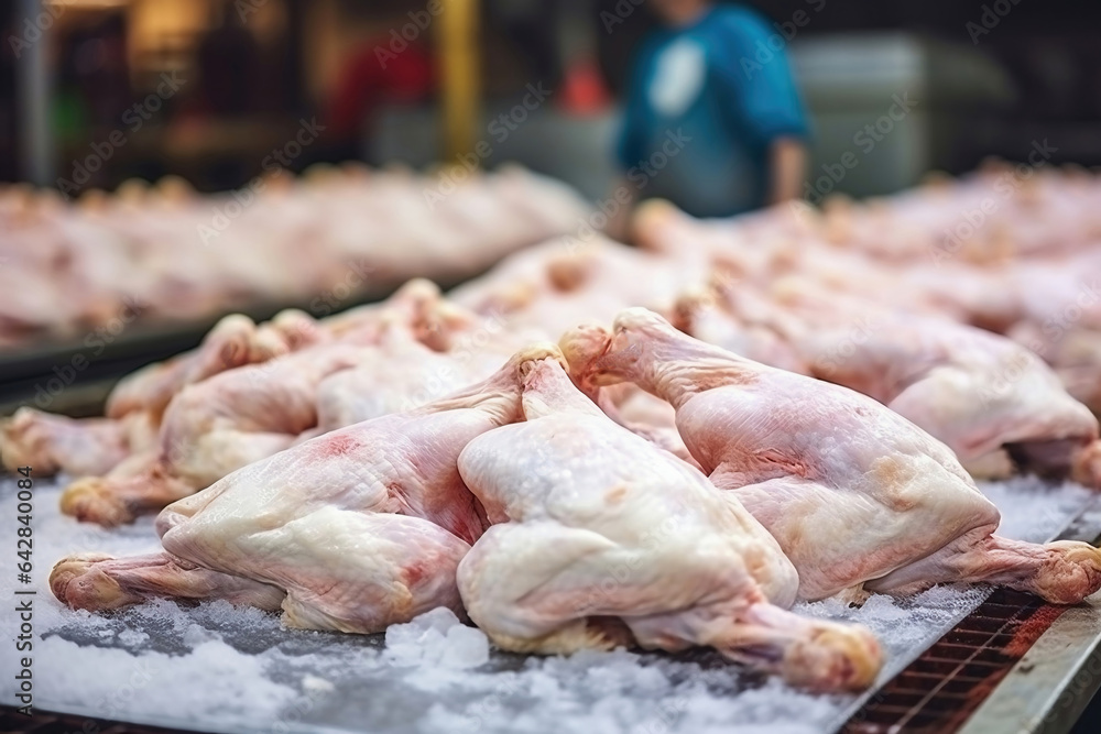 Poultry farm production of chicken meat. Industrial production and packaging of chicken meat. Chicken carcases and tenderloin. modern food industry.