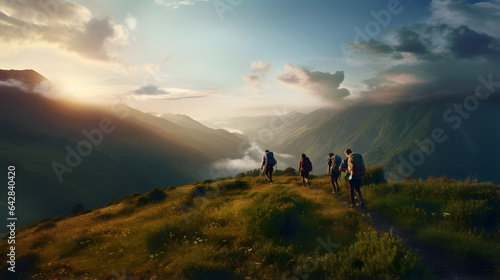 Group of sporty people hiking in mountain at sunset © ZayNyi