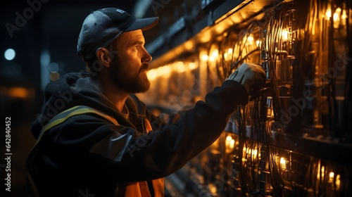 Skilled electrician inspecting wiring