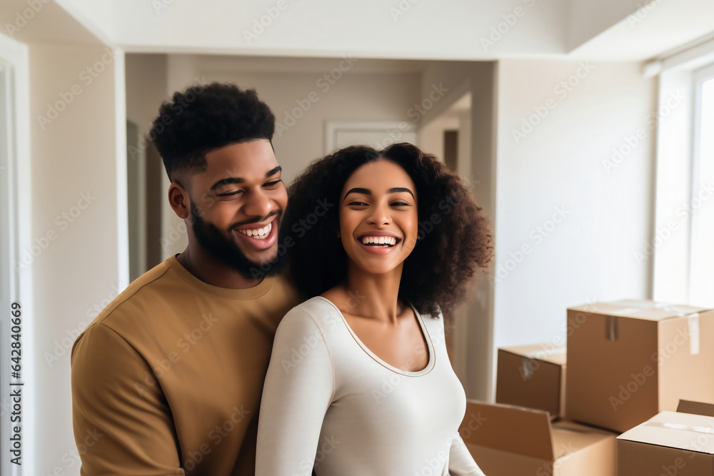 Young happy black married couple in their new home after moving in. Young cheerful people hugging in a new house or apartment. New homeowners. Mortgage. Rental Property. Young happy black married couple in their new home after moving in. Young cheerful people hugging in a new house or apartment. New homeowners. Mortgage. Rental Property.