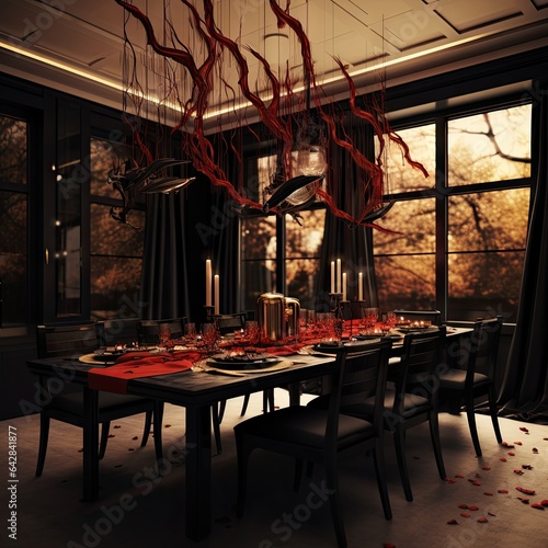 a dining room with red flowers on the table and chandels hanging from the ceiling to the floor below