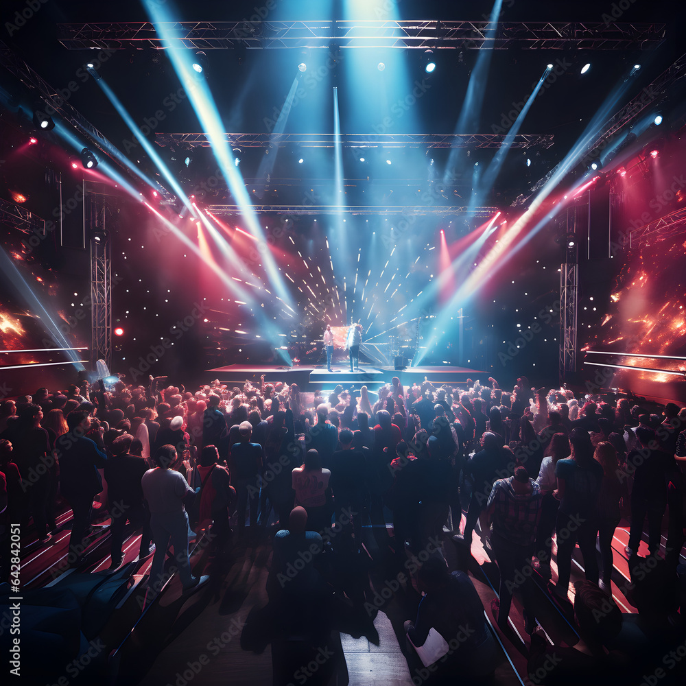 A packed music venue with stage and colourful lighting, people standing watching the show