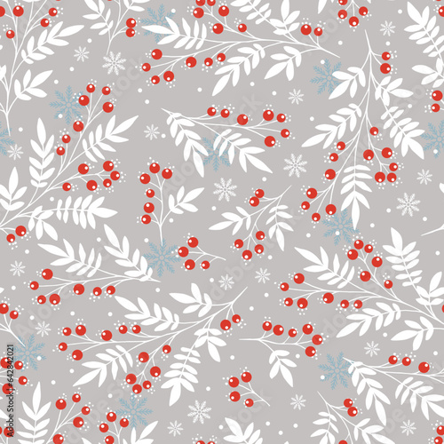 Seamless christmas pattern with  berry branches. Snowflakes. Vector illustration.