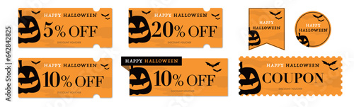 ハロウィンセールに使えるカボチャとコウモリのクーポンベクターアイコンデザインセット1