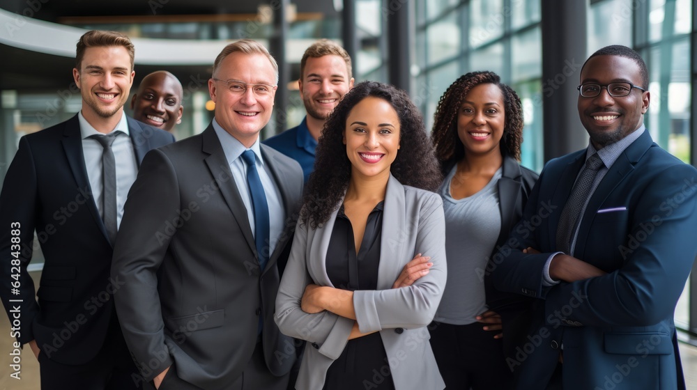 Smiling group of ethnically diverse businessmen and businesswomen, high quality, 16:9 Smiling group of ethnically diverse businessmen and businesswomen, high quality, 16:9
