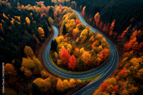 A winding road in the middle of a autumn forest. Generative AI © Oleksandr
