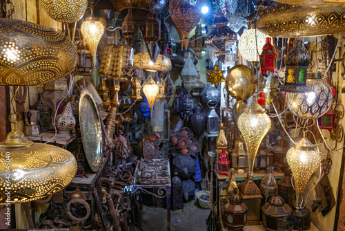 Marrakech, Morocco - Feb 10, 2023: Traditional Arabic lamps on sale in the souks of Marrakech