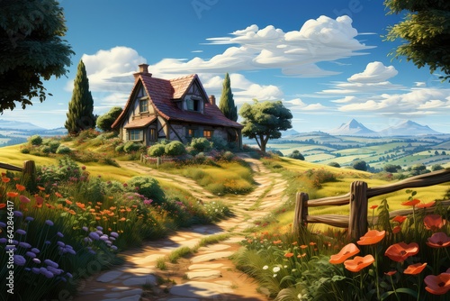 Cartoon scene with valley and farm house illustration for children. Generative AI