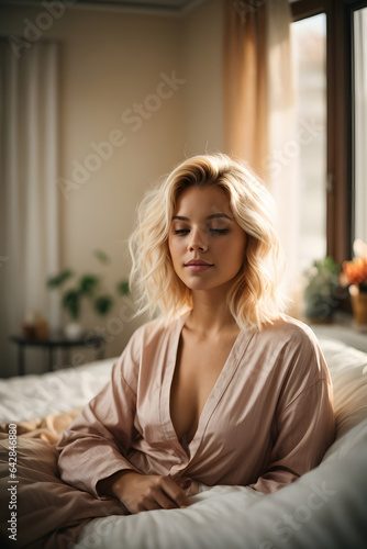 Young blonde woman enjoying a relaxed morning in bed after waking up. Image created using artificial intelligence.