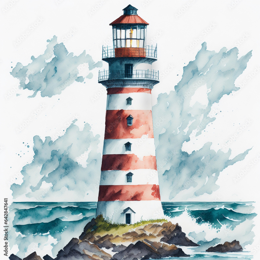 lighthouse at sea watercolor illustration, created with AI Generative technology - obrazy, fototapety, plakaty 