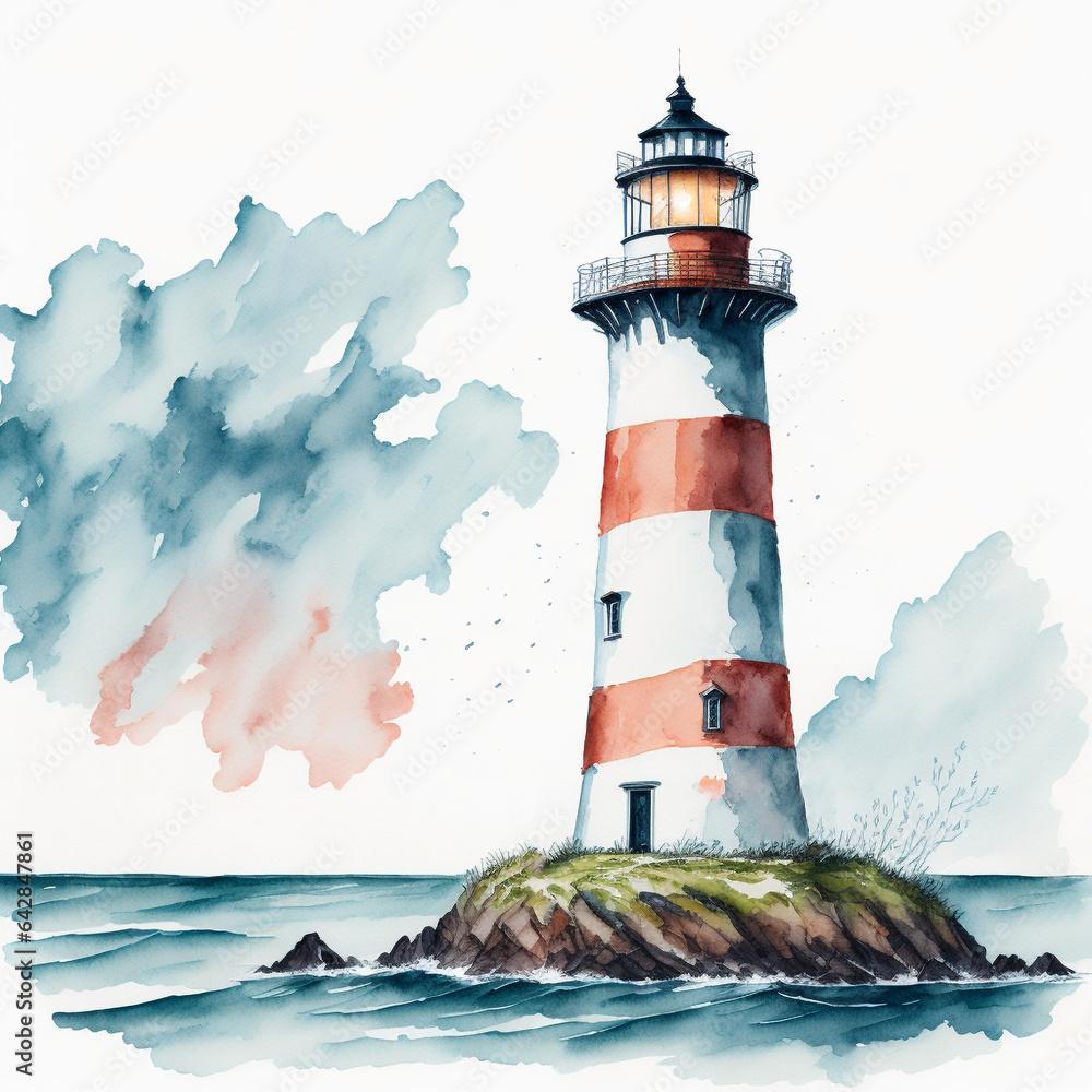lighthouse at sea watercolor illustration, created with AI Generative technology