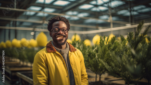 Portrait of a dark-skinned man who smiles and stands inside a greenhouse with flowers in a yellow jacket. 