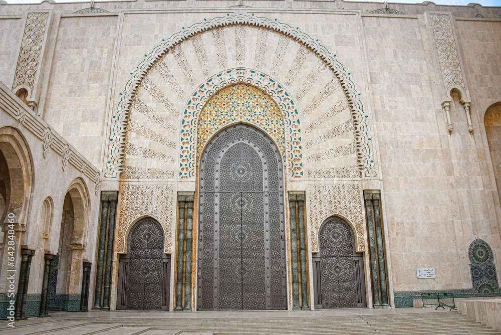 Casablanca, Morocco - Feb 26, 2023: Exterior architecture of the Hassan II Mosque, the largest mosque in Africa