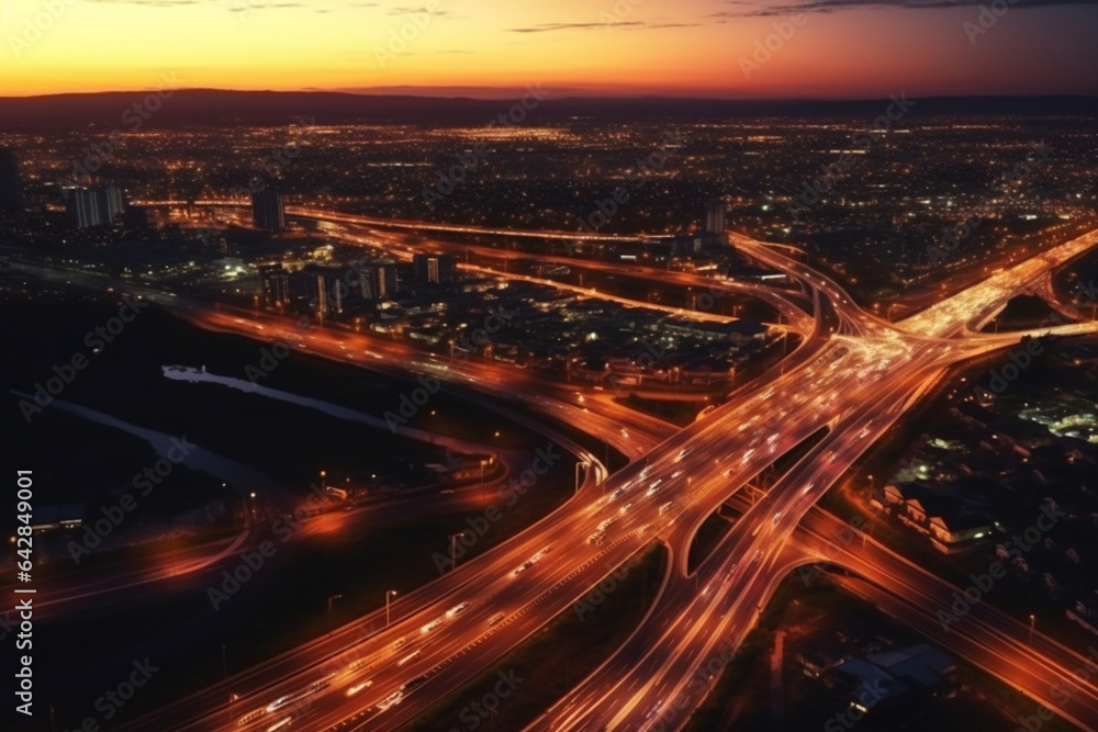Aerial view of highway and cityscape at dusk. Top view