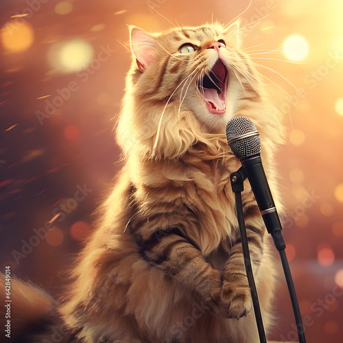 A long haired ginger cat with black striping sings into a microphone on stage with coloured lights in background