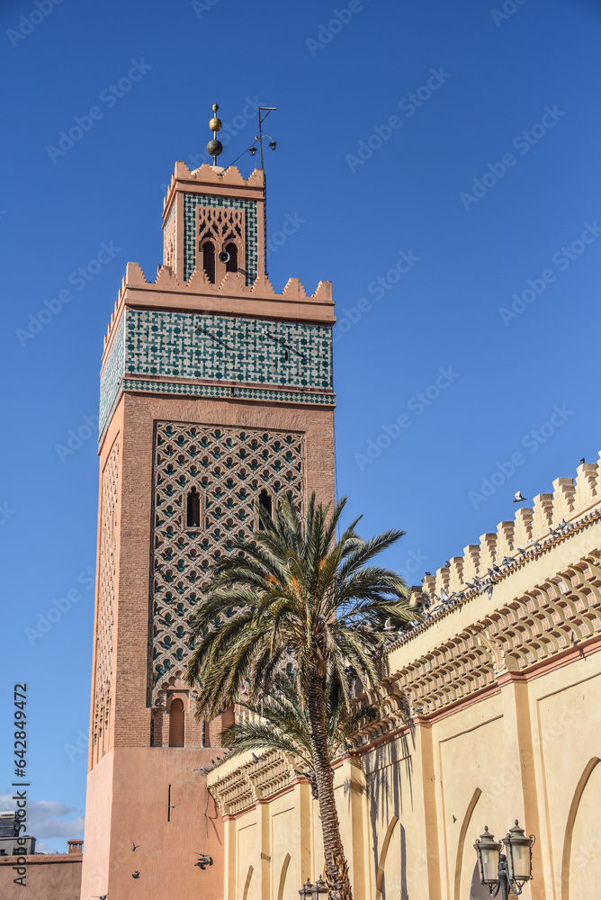 Marrakech, Morocco - Feb 8, 2023: Exterior of the Moulay el Yazid Mosque, in Marrakech Kasbah district