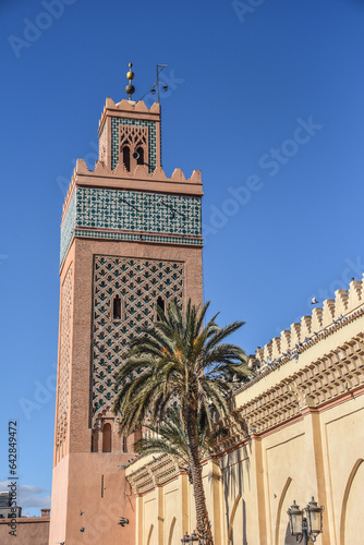 Marrakech, Morocco - Feb 8, 2023: Exterior of the Moulay el Yazid Mosque, in Marrakech Kasbah district