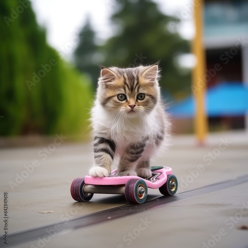 image of a cute cat ride a skateboard. Generative AI