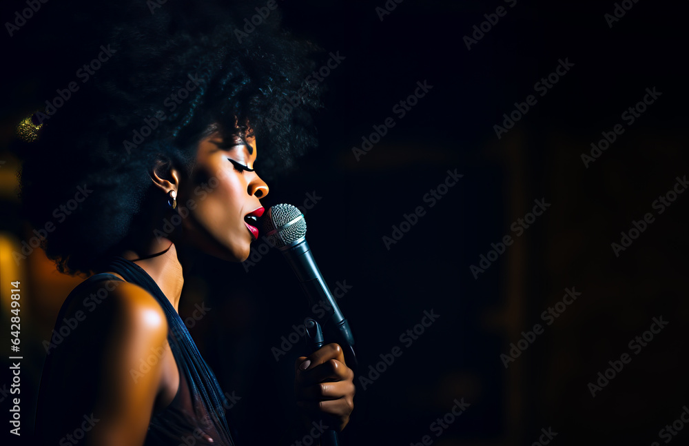 Female Singer on a stage holding a microphone while singing a song. Spotlights create a special atmosphere at the concert. Shallow field of view.	