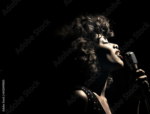 Female Singer on a stage holding a microphone while singing a song. Spotlights create a special atmosphere at the concert. Shallow field of view. 