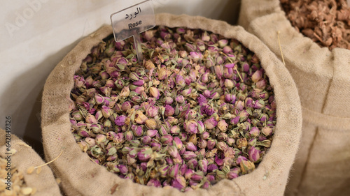 Obraz na plátne Marrakech, Morocco - Feb 8, 2023: Dried Rose buds for making tea