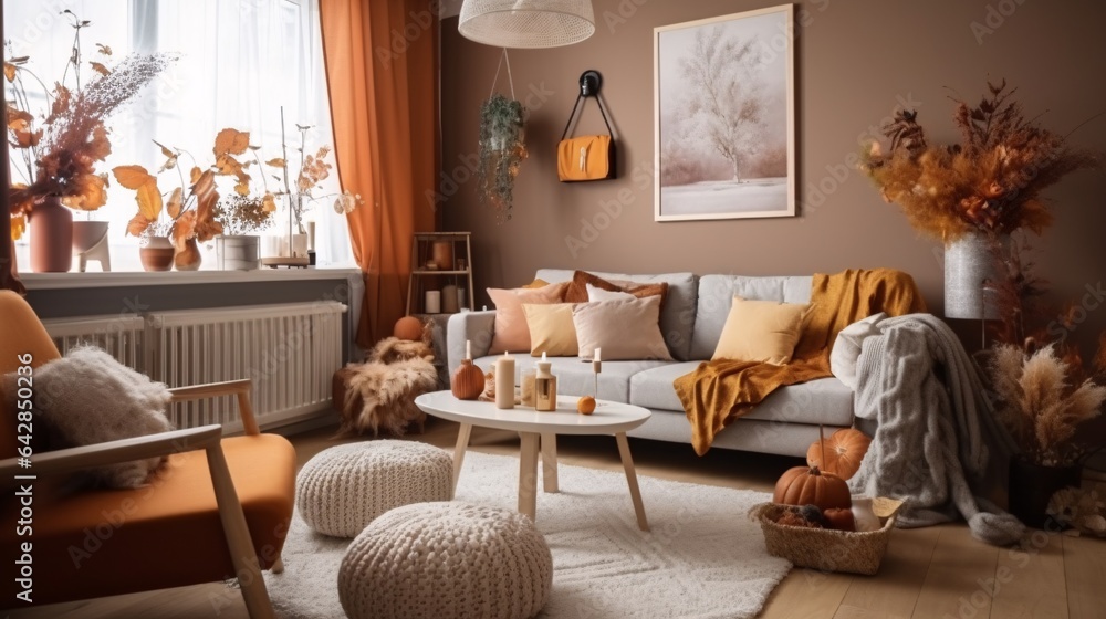 Cozy Living Room Interior Inspired by Autumn Colors, generative AI - obrazy, fototapety, plakaty 