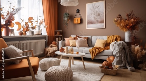Cozy Living Room Interior Inspired by Autumn Colors, generative AI © Stockerl