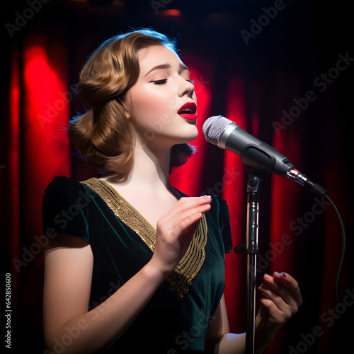 A young woman wearing a dress with red lipstick, ginger hair in a 1940's style sings into a microphone on stage, a velvet curtain in the background