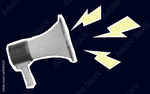 Vector collage pop art banner. Loudspeaker announces crazy promotions. Doodle elements on retro poster. Stylish modern advertising poster design with green and yellow and orange elements.