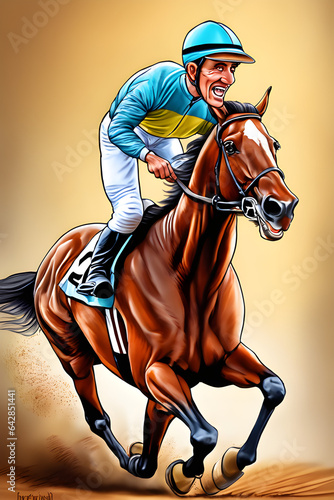 A digital illustration of a caricature of a jockey riding a horse. © freelanceartist