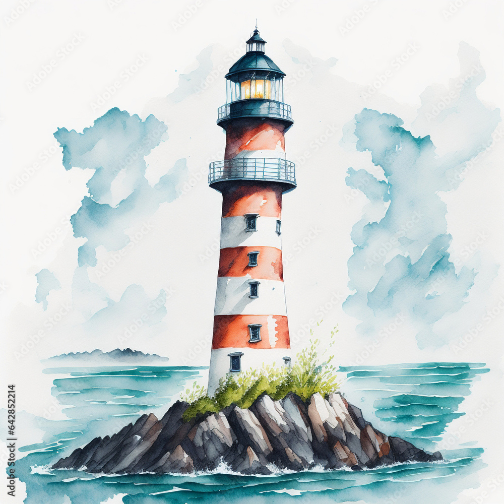 lighthouse at sea watercolor illustration, created with AI Generative technology