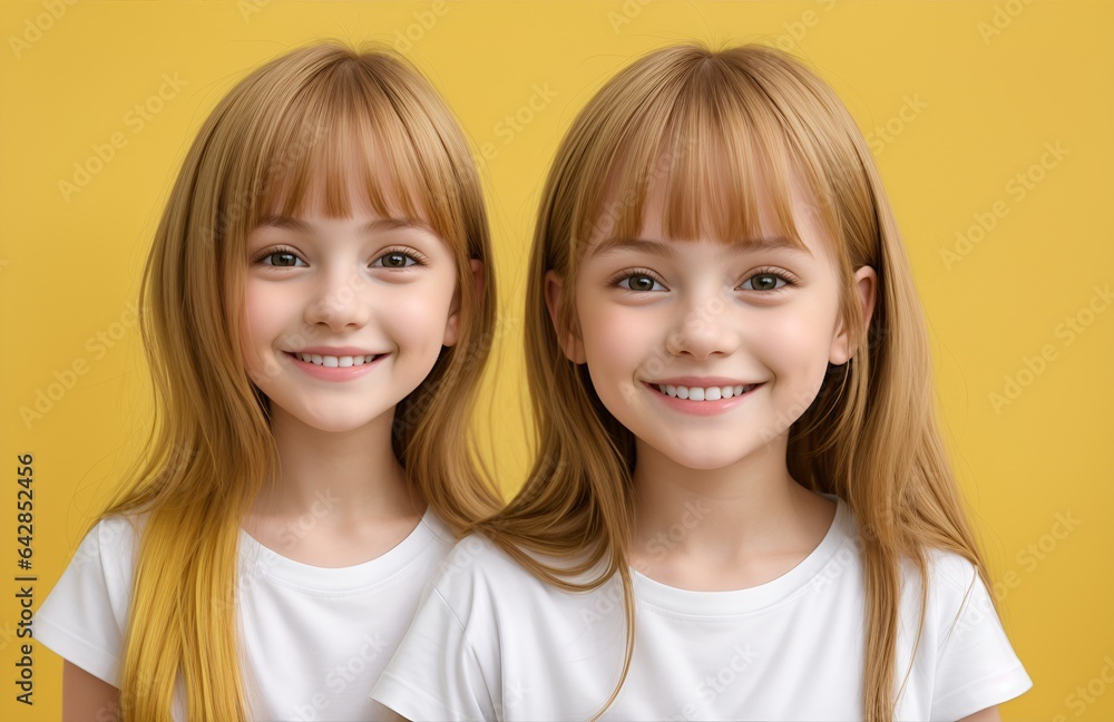 Double the Sunshine: Identical twin girls with bright smiles radiate joy against a vibrant yellow backdrop. Double the Sunshine: Identical twin girls with bright smiles radiate joy against a vibrant yellow backdrop.