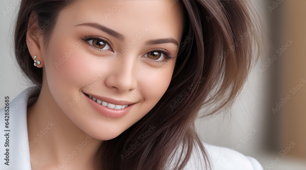Radiant Confidence: Portrait of a beautiful young woman with a genuine smile, radiating warmth and optimism. Her captivating eyes and glowing complexion evoke a sense of inner peace and contentment. Radiant Confidence: Portrait of a beautiful young woman with a genuine smile, radiating warmth and optimism. Her captivating eyes and glowing complexion evoke a sense of inner peace and contentment.