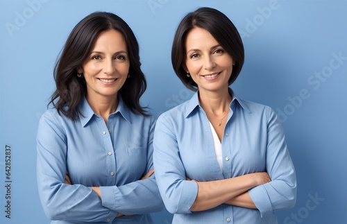 Twin Confidence: Identical mature women in blue radiate strength against a vibrant backdrop.