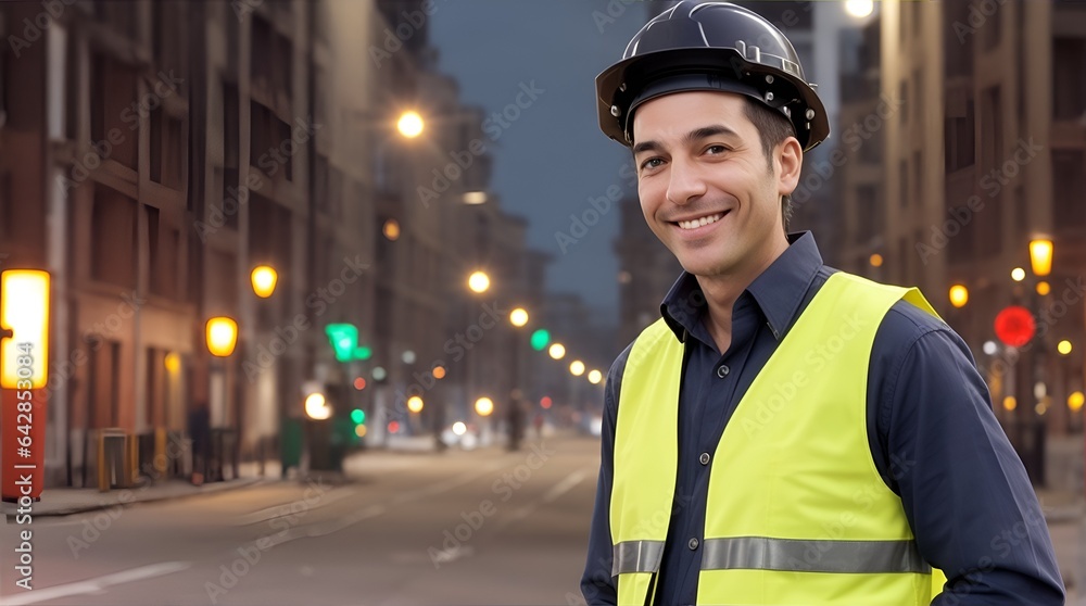 Urban Engineer's Confidence: A young engineer, clad in safety gear, beams with pride against the backdrop of a bustling city at dusk. Urban Engineer's Confidence: A young engineer, clad in safety gear, beams with pride against the backdrop of a bustling city at dusk.