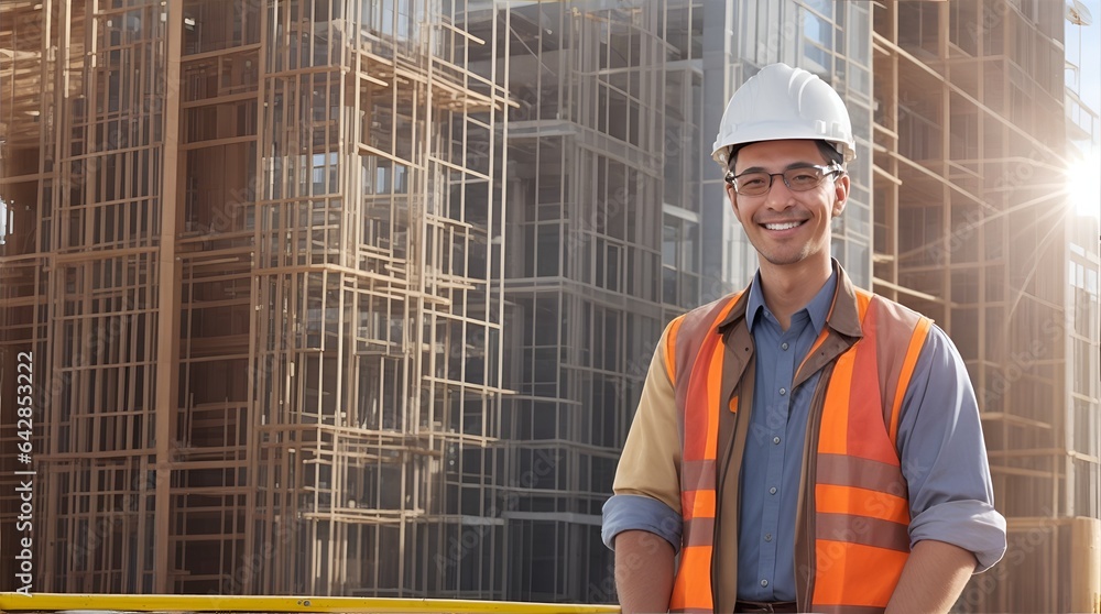Construction Site Confidence: A smiling construction worker in a hardhat and safety vest stands confidently against a backdrop of a large building under construction, embodying the spirit of hard wor Construction Site Confidence: A smiling construction worker in a hardhat and safety vest stands confidently against a backdrop of a large building under construction, embodying the spirit of hard wor