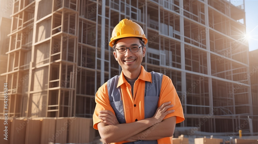 Construction Worker Confidence: A construction worker, wearing a yellow hard hat and safety vest, stands confidently in front of a half-built skyscraper. The warm sunlight illuminates the scene, high Construction Worker Confidence: A construction worker, wearing a yellow hard hat and safety vest, stands confidently in front of a half-built skyscraper. The warm sunlight illuminates the scene, high