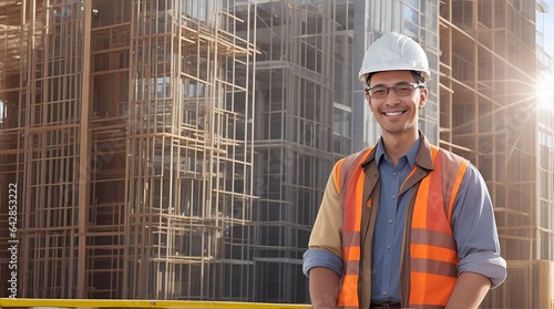 Construction Site Confidence:  A smiling construction worker in a hardhat and safety vest stands confidently against a backdrop of a large building under construction, embodying the spirit of hard wor photo