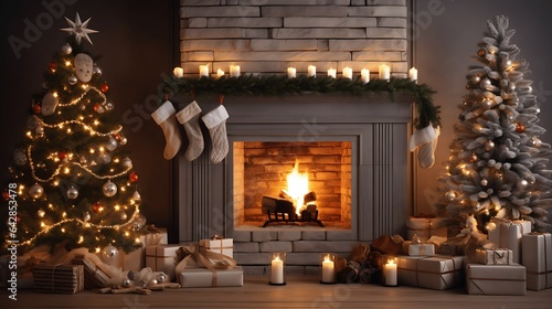 Christmas interior with tree, presents and fireplace. Christmas background.